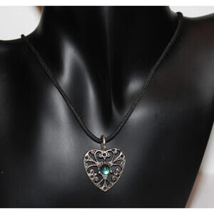 Vintage Sterling Silver Filigree Heart Pendant Necklace Opal Glass 26” Cord